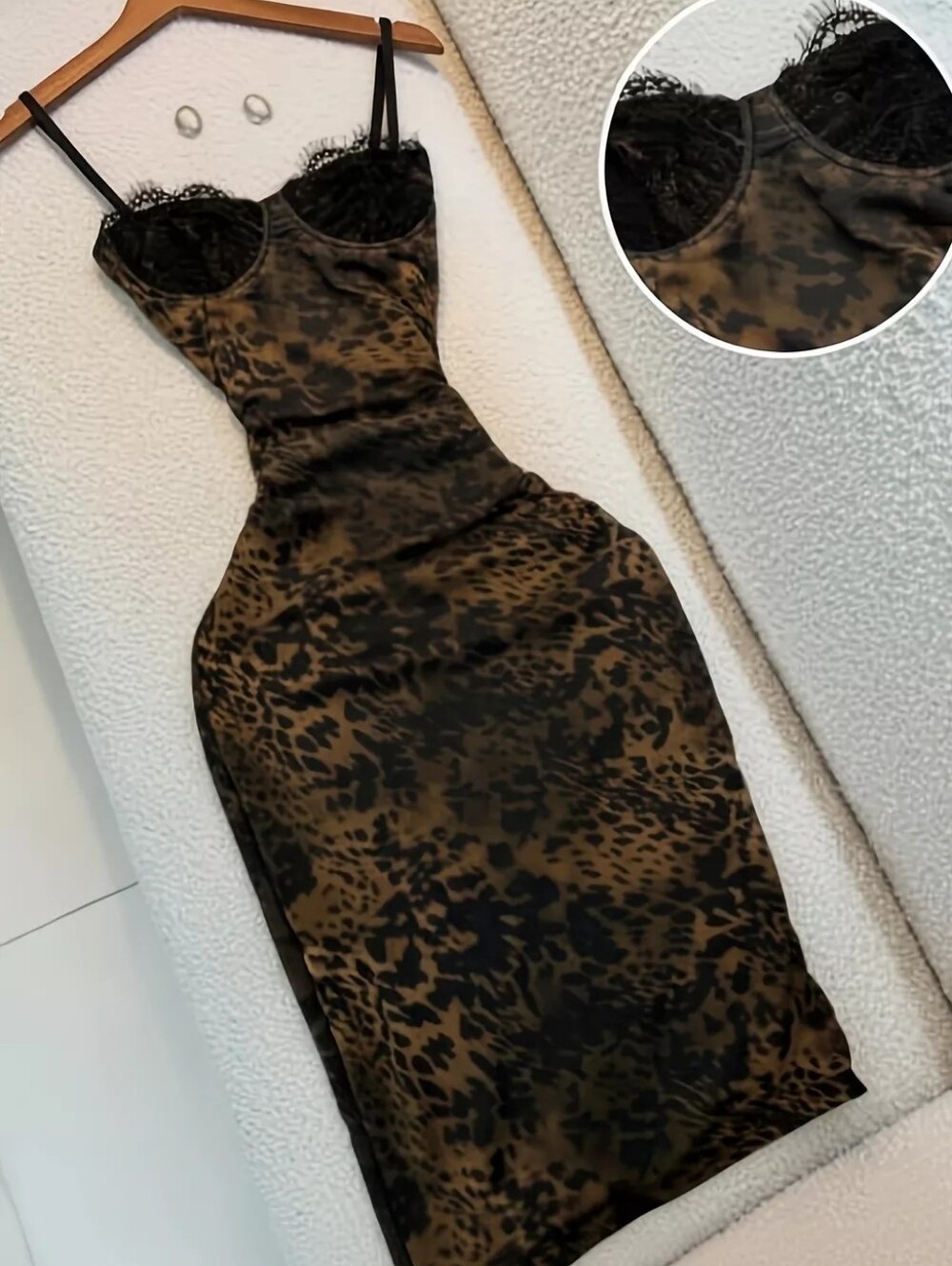 Leopard Print Lace Trim Bodycon Midi Dress